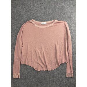 Wildfox Shirt Womens Large Pink Waffle Knit Cropped Long Sleeve Tee Made USA